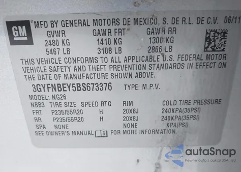 2011 Cadillac Srx Performance Collection z USA, uszkodzony, nr VIN 3GYFNBEY5BS673376